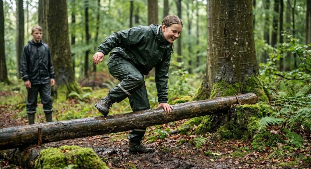 Eleverne trænes i fysisk udholdenhed og mental robusthed gennem praktiske øvelser i naturen. Forhindringsbaner i skovterræn styrker samarbejde, balance og viljen til at overvinde udfordringer – også når forholdene er krævende.
