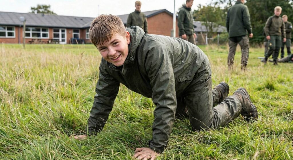 Den fysiske træning er varieret og tilpasset elevernes niveau. Øvelserne styrker både kroppen og sammenholdet på holdet. Målet er ikke præstation alene, men udvikling, selvtillid og respekt for hinandens styrker og grænser.